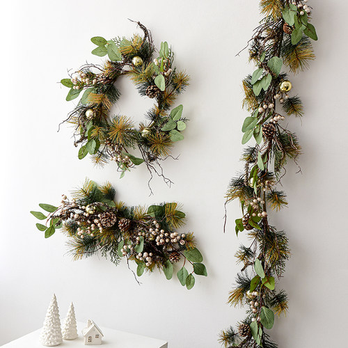 北欧圣诞藤条装饰圣诞松果松针家居楼梯扶手场景布置圣诞节装饰品