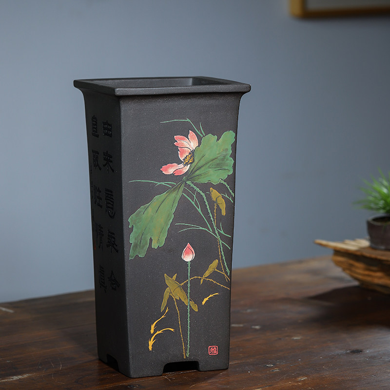 清香阁紫砂盆 李超手工彩绘高四方盆 室内大型兰花盆桌面绿植大花