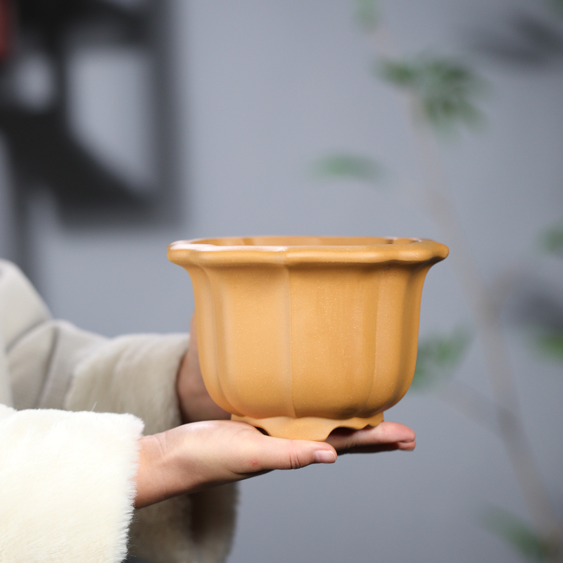 紫砂古典手工筋纹菱花四方盆