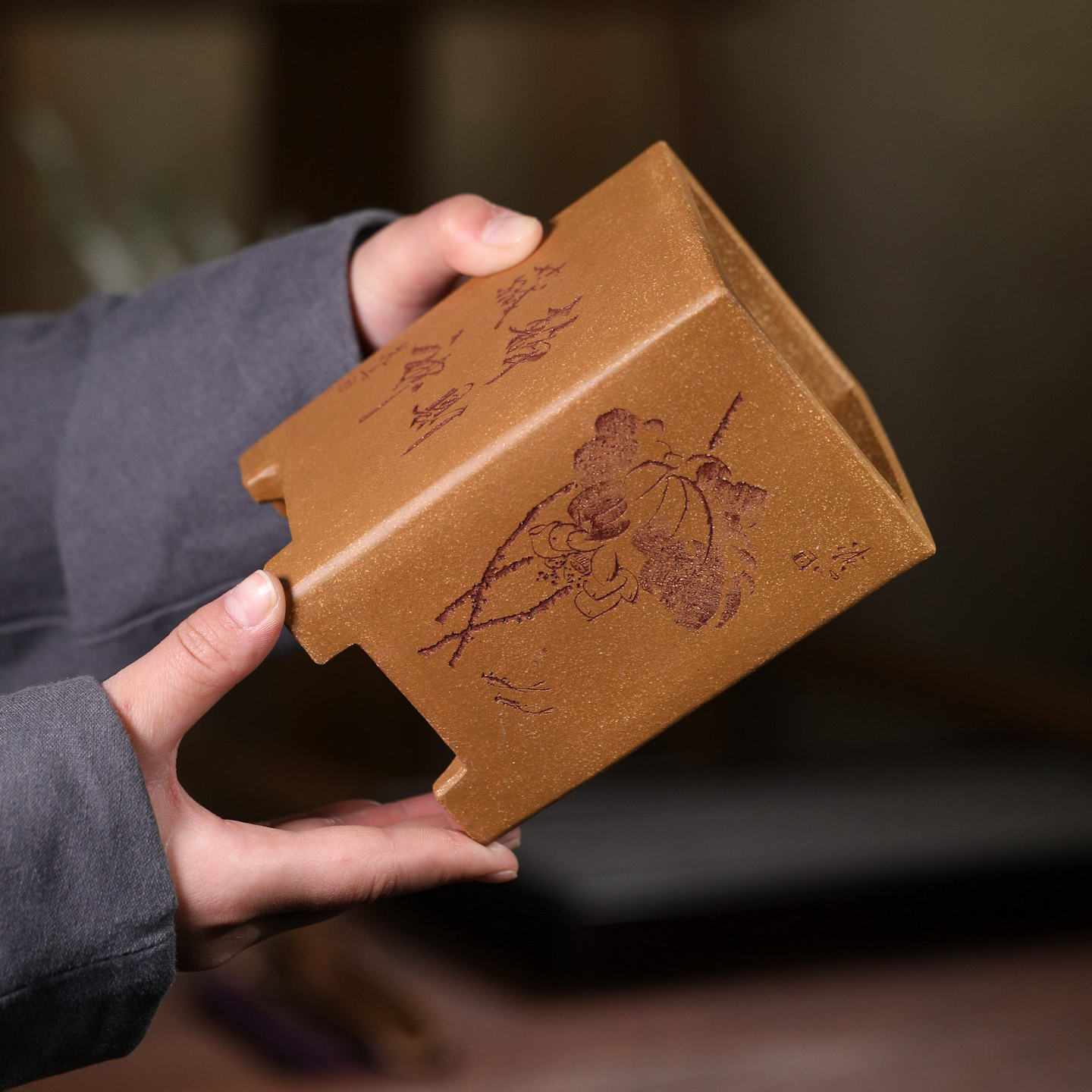 清香阁 降坡泥直口四方签筒紫砂盆 匠人手工桌面微型绿植古典花器