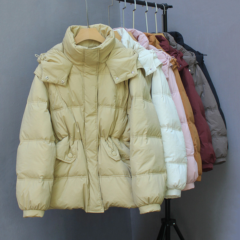 2025新款冬装韩版连帽收腰羽绒服女中长款休闲宽松加厚白鸭绒外套