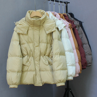 2025新款冬装韩版连帽收腰羽绒服女中长款休闲宽松加厚白鸭绒外套