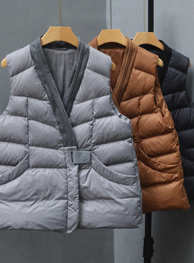 新中式复古白鸭绒无领羽绒马夹女冬季新款V领黑色保暖马甲外套短