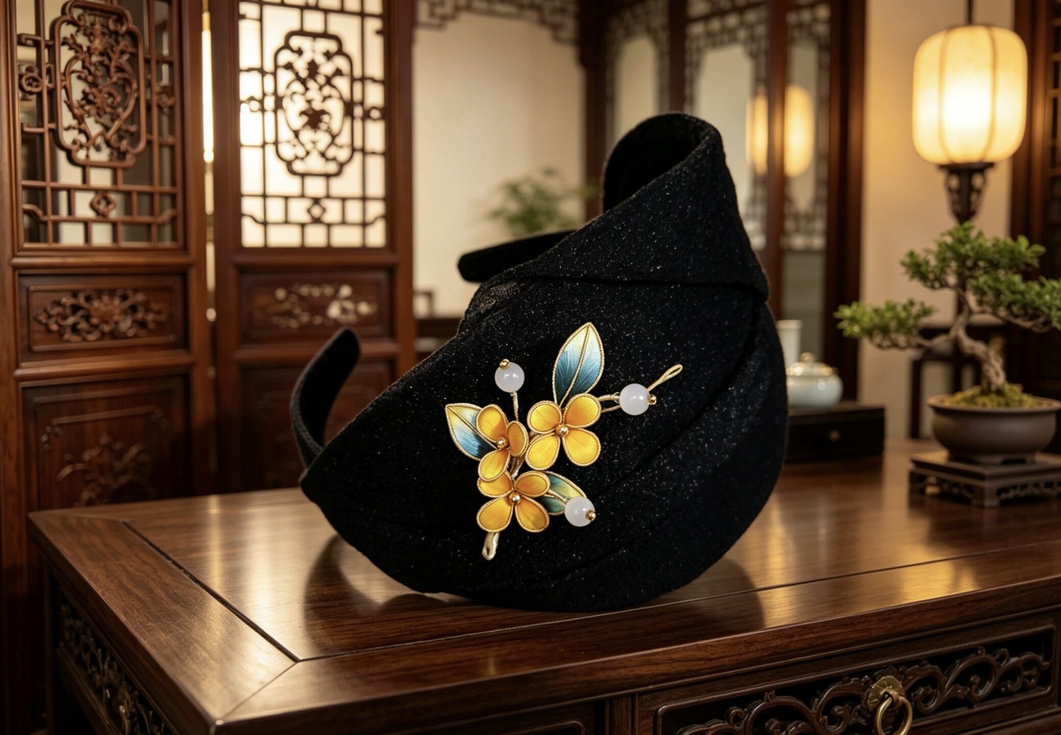超宽边泡泡纱半帽发箍 真丝缠花绒花手工刺绣欧根纱晚宴百搭头饰