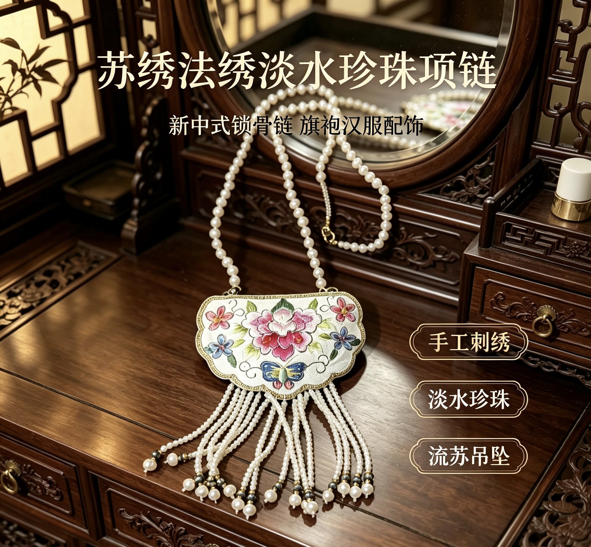 手工苏绣法绣珍珠项链新中式锁骨链汉服旗袍古风刺绣颈链国风配饰