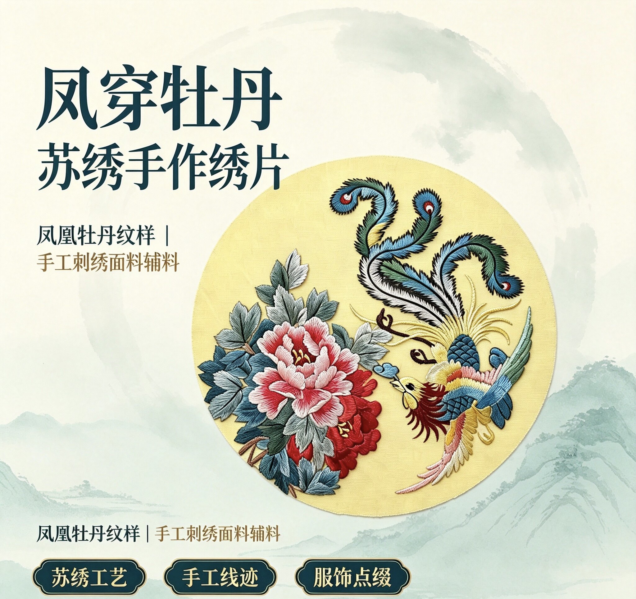 手工苏绣绣片20cm手工凤凰刺绣片 旗袍汉服新中式包包团扇diy辅料