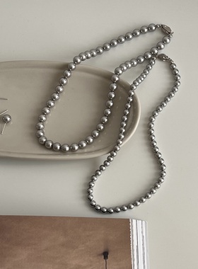 纯银元宝扣银灰色施家珍珠项链