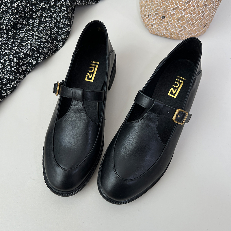 林印象丁字带玛丽珍小皮鞋女2025春学院风黑色牛皮乐福鞋工作单鞋