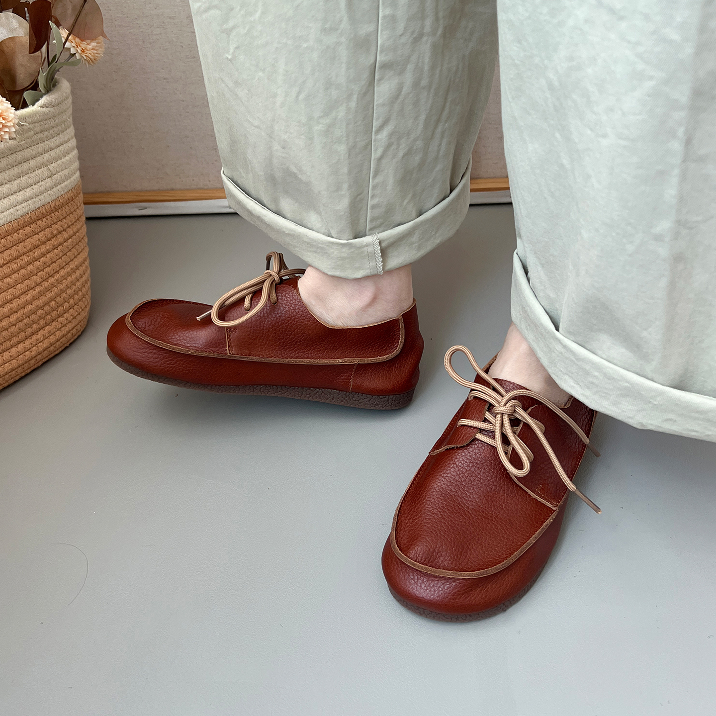 林印象真皮女鞋复古系带乐福鞋平底深口单鞋软底软面勃肯鞋休闲鞋