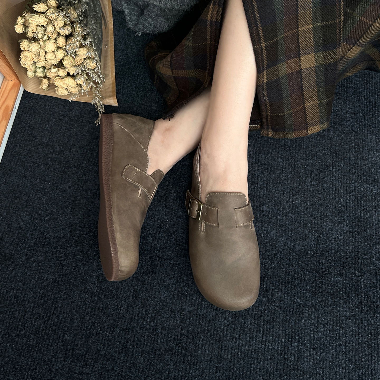 头层牛皮全包勃肯鞋女新款厚底真皮软底单鞋一脚蹬懒人鞋豆豆鞋