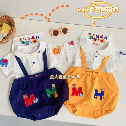 miki日系童装春夏宝宝衣服男周岁田鸡裤可爱背带裤婴幼儿分体套装