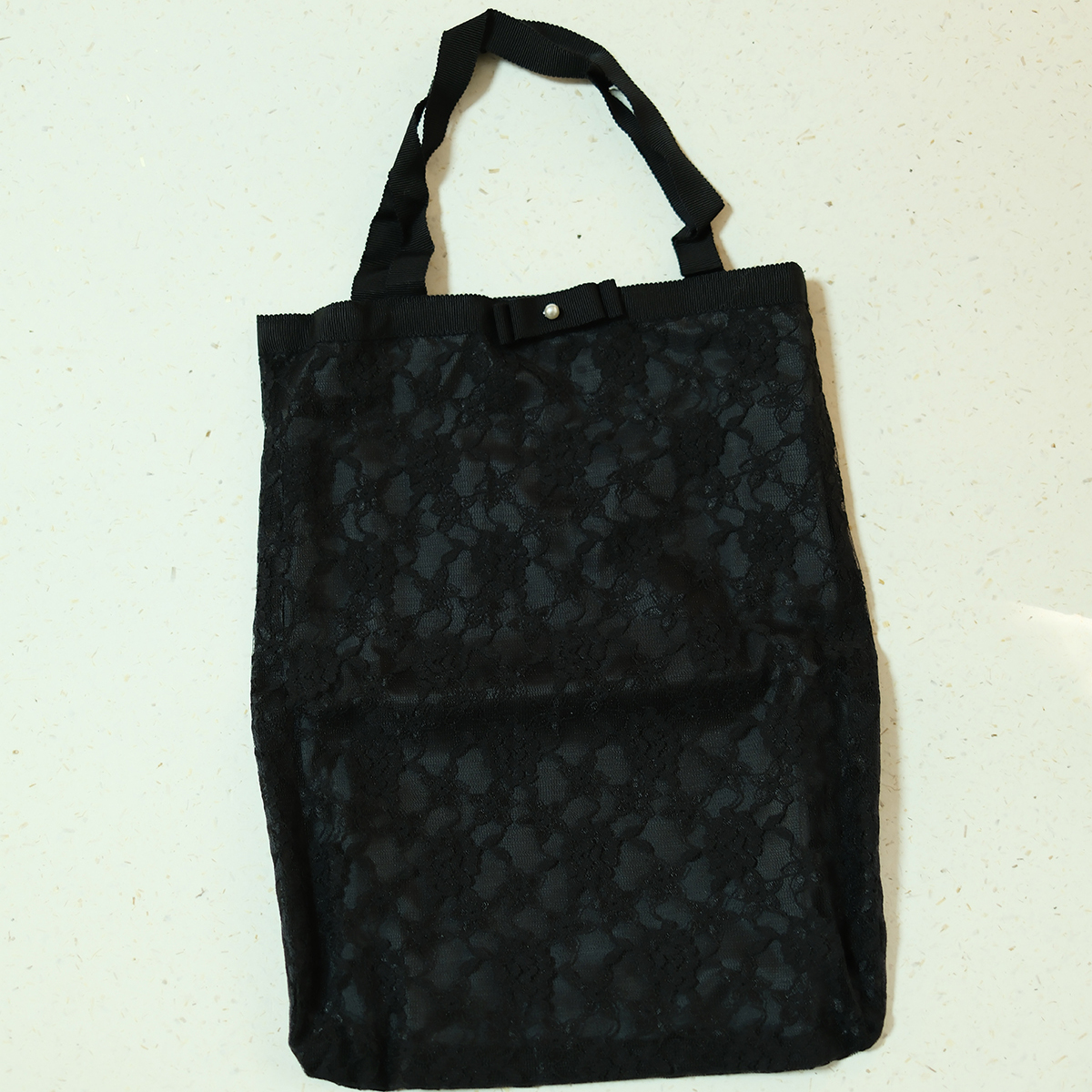 双子商店 孤品中古日本制手工黑色蕾丝花纹棉质手提包