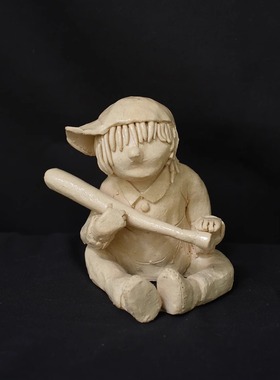 双子商店 孤品中古日本制手作手捏白陶泥棒球男孩装饰摆件