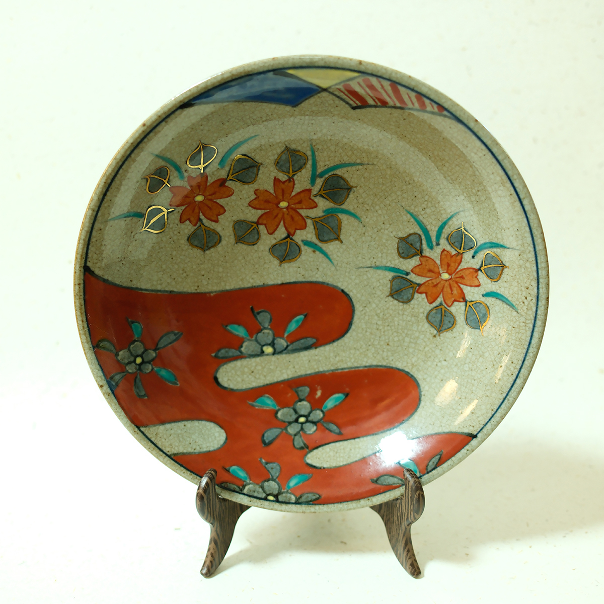 孤品中古日本制有田烧昭和时期金彩赤绘花卉纹陶瓷果子钵 餐盘