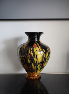 双子商店 中古黑色缤纷波点艺术贴金玻璃花瓶 手工彩色花器