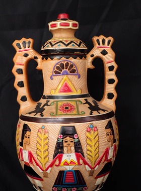 双子商店 孤品中古秘鲁制手工陶雕彩色手绘花卉人物双耳花器摆件