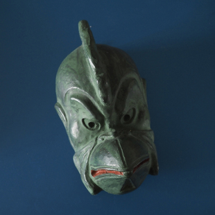 双子商店 中古日本制陶捏绘朱砂铜色鸡首绿面鸟人装饰摆件 雷震子