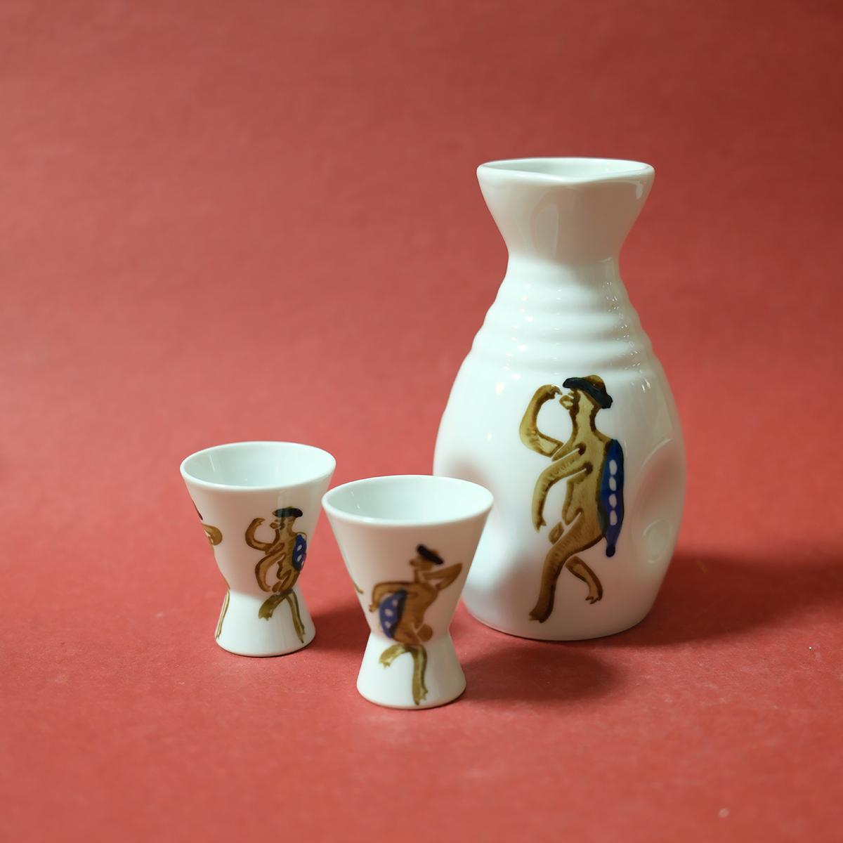 孤品中古日本制有田烧职人手绘趣味河伯陶瓷清酒壶酒杯套