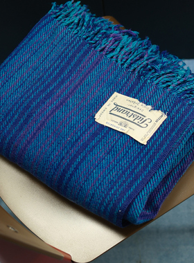 孤品中古瑞典制1960s设计师款纯羊毛手工蓝紫色斜纹毛毯 盖毯