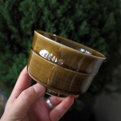 双子商店 孤品中古日本制织部烧手作绿釉整竹节纹抹茶碗 茶盏