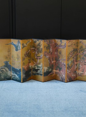 孤品中古日本制卡纸贴金箔色绘墨岩瑞松七折屏风装饰摆件