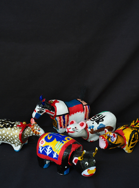 双子商店 孤品中古日本制手工和纸工艺彩绘生肖羊牛虎装饰摆件