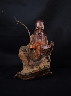 双子商店 孤品中古日本制手工老木雕寿老人装饰木雕摆件