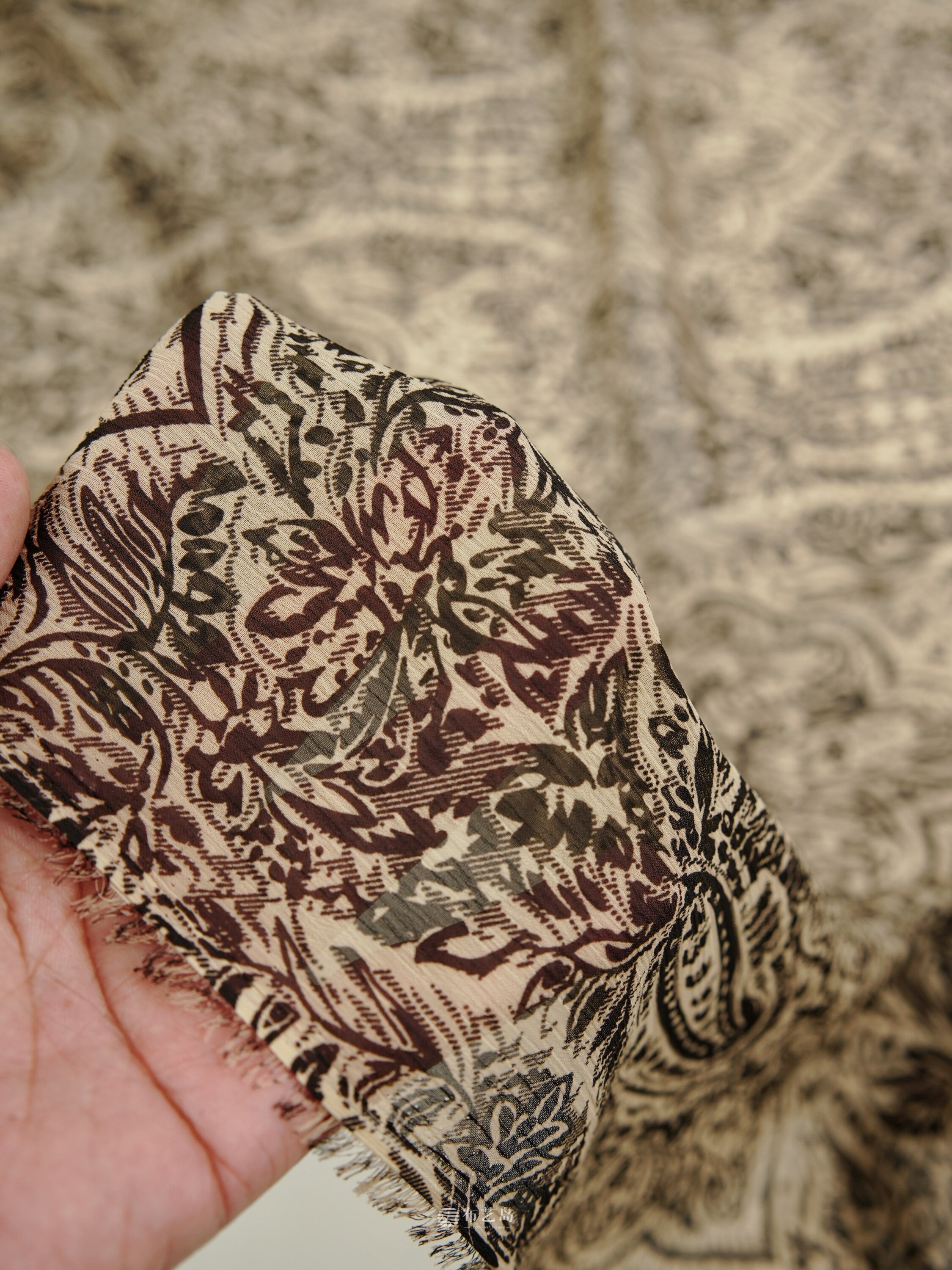 A lightweight chiffon fabric shirt and pants with flowing and elegant retro brown prints, designed by a fashion designer thumbnail 5
