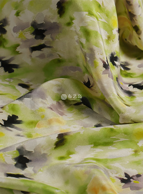 清新绿色油画晕染印花微弹力16姆米桑蚕丝丝绸布料衬衫服装面料