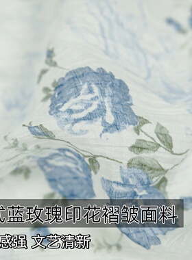 柔软半透 法式蓝红色玫瑰天丝麻布料衬衫连衣裙半身裙设计师面料A