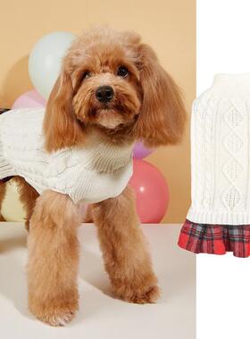宠物毛衣白色中高领保暖舒服竖纹麻花设计纹理红黑格子群狗狗衣服