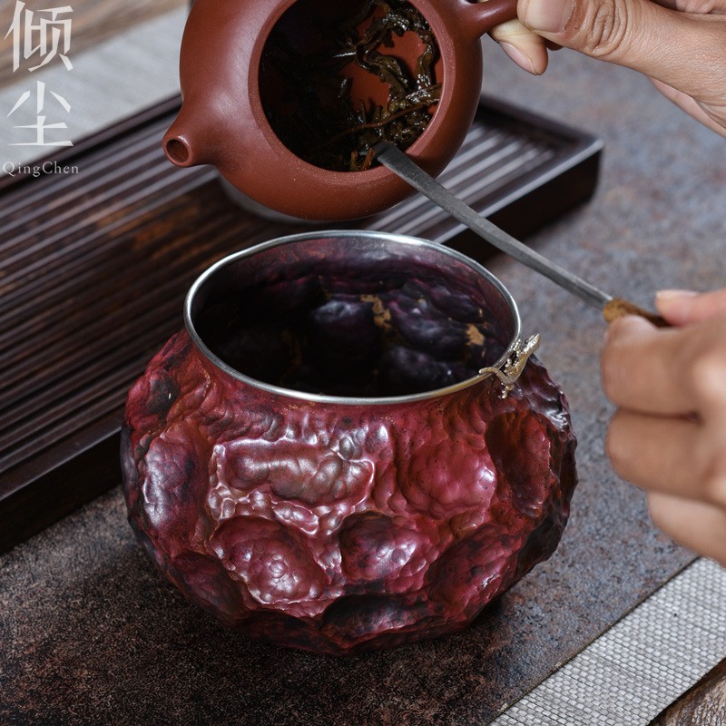 纯手工捶打紫铜建水仿古茶渣缸水盂笔洗茶水盆茶钵茶洗锡边银壁虎