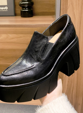粗高跟厚底女鞋全真皮单鞋中性休闲鞋松糕跟尖头四季鞋增高乐福鞋