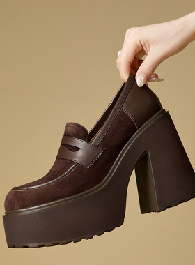 厚底增高女鞋全真皮单鞋四季粗高跟乐福鞋学院风JK松糕休闲鞋