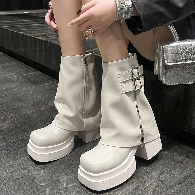 古菲斯奇女鞋松糕厚底马丁靴真皮