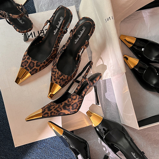 OL金属小方头豹纹高跟鞋 漆皮职场鞋 包头 真皮细跟女鞋 欧美尖头凉鞋