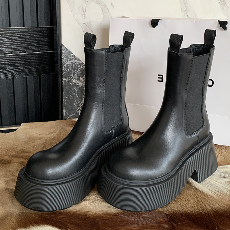 2023新款短靴大头靴子女坡跟厚底机车靴短筒真皮切尔西靴松糕单靴,女鞋,切尔西靴,淘宝优惠券,粉丝福利购,淘宝优惠卷