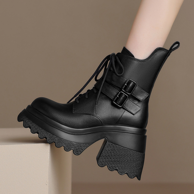 古菲斯奇女鞋粗高跟短筒靴子真皮