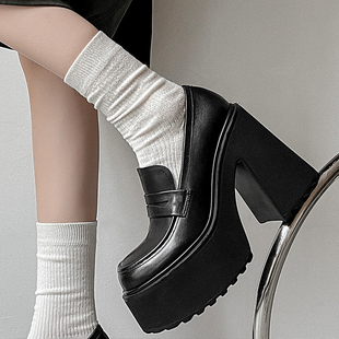 小个子增高女鞋粗跟厚底休闲鞋全真皮单鞋超高跟松糕乐福鞋学院JK