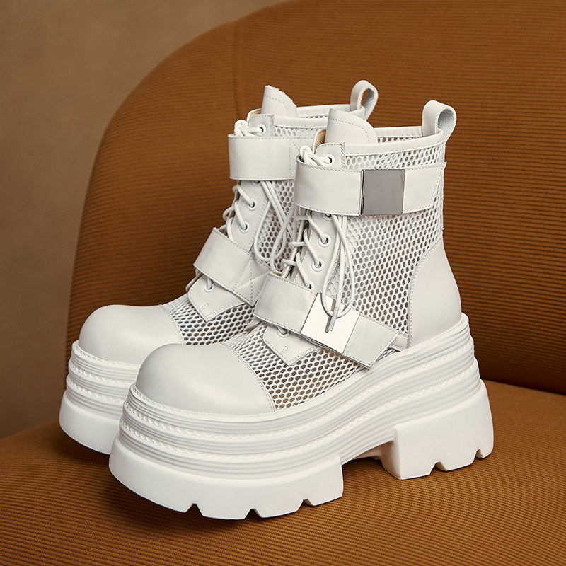 夏季高帮凉鞋网纱马丁靴女真皮短筒靴子绑带厚底网靴松糕凉靴增高