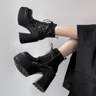 马丁靴四季女鞋粗高跟短筒靴子全真皮厚底短靴松糕机车靴绑带矮靴