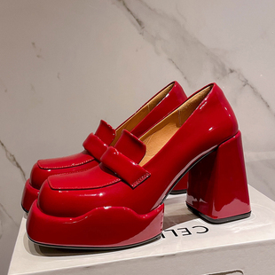 OL职场鞋 学院风粗跟厚底小皮鞋 方头 女真皮单鞋 伴娘婚礼红色高跟鞋