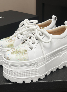 小个子增高女鞋松糕跟休闲鞋真皮低帮单鞋厚底坡跟学院小白鞋绑带