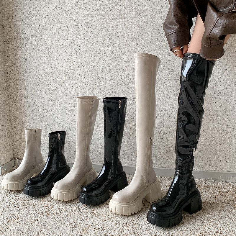 新款松糕跟短筒靴子亮皮弹力靴粗跟厚底机车靴大圆头短靴瘦腿增高,女鞋,弹力靴/袜靴,淘宝优惠券,粉丝福利购,淘宝优惠卷