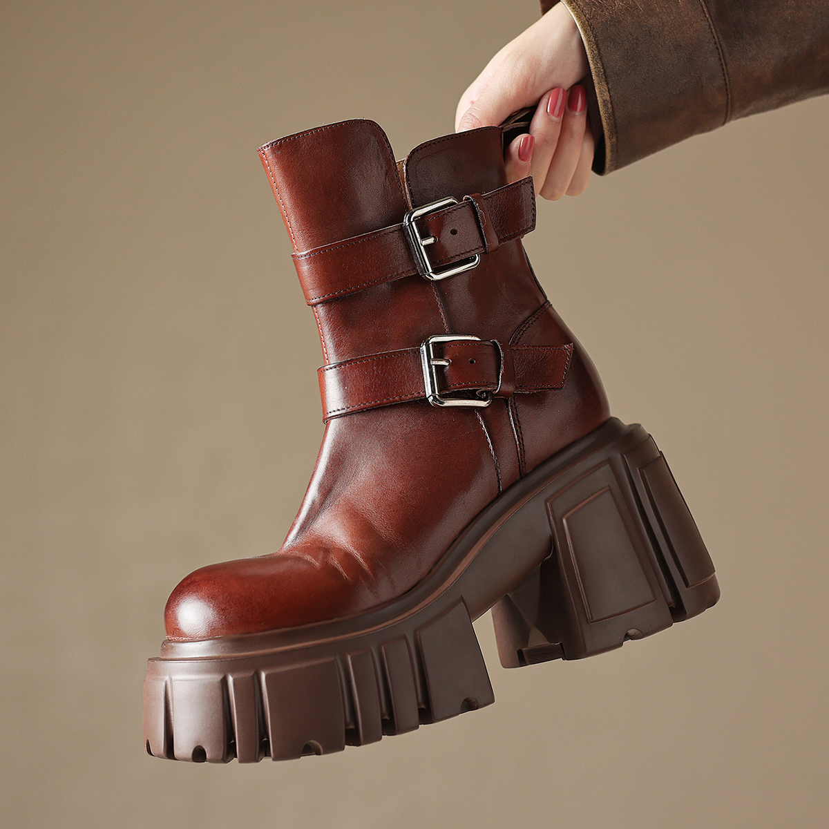 古菲斯奇女鞋粗高跟马丁靴子真皮