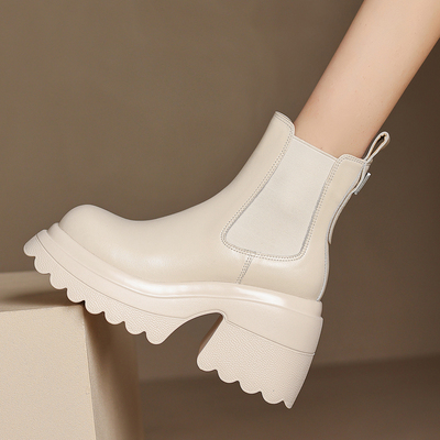 古菲斯奇女鞋粗高跟短筒靴子真皮