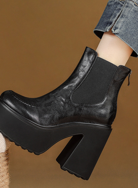 全真皮松糕短靴粗高跟机车靴子短筒切尔西靴四季增高女鞋厚底矮靴