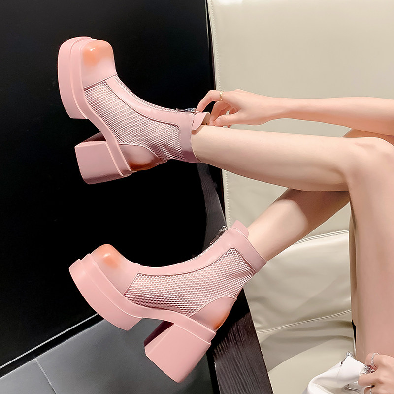 夏季高帮凉鞋方头网纱马丁靴女全真皮短筒靴子粗跟厚底网靴前拉链