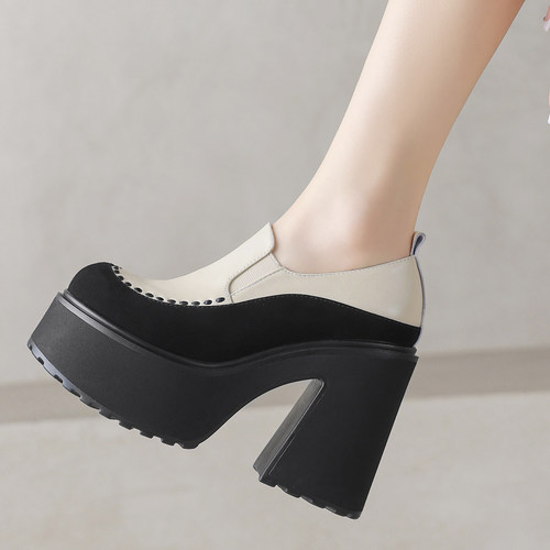 古菲斯奇女鞋粗高跟休闲鞋全真皮