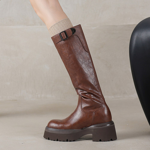 古菲斯奇女鞋粗高跟长筒靴子厚底